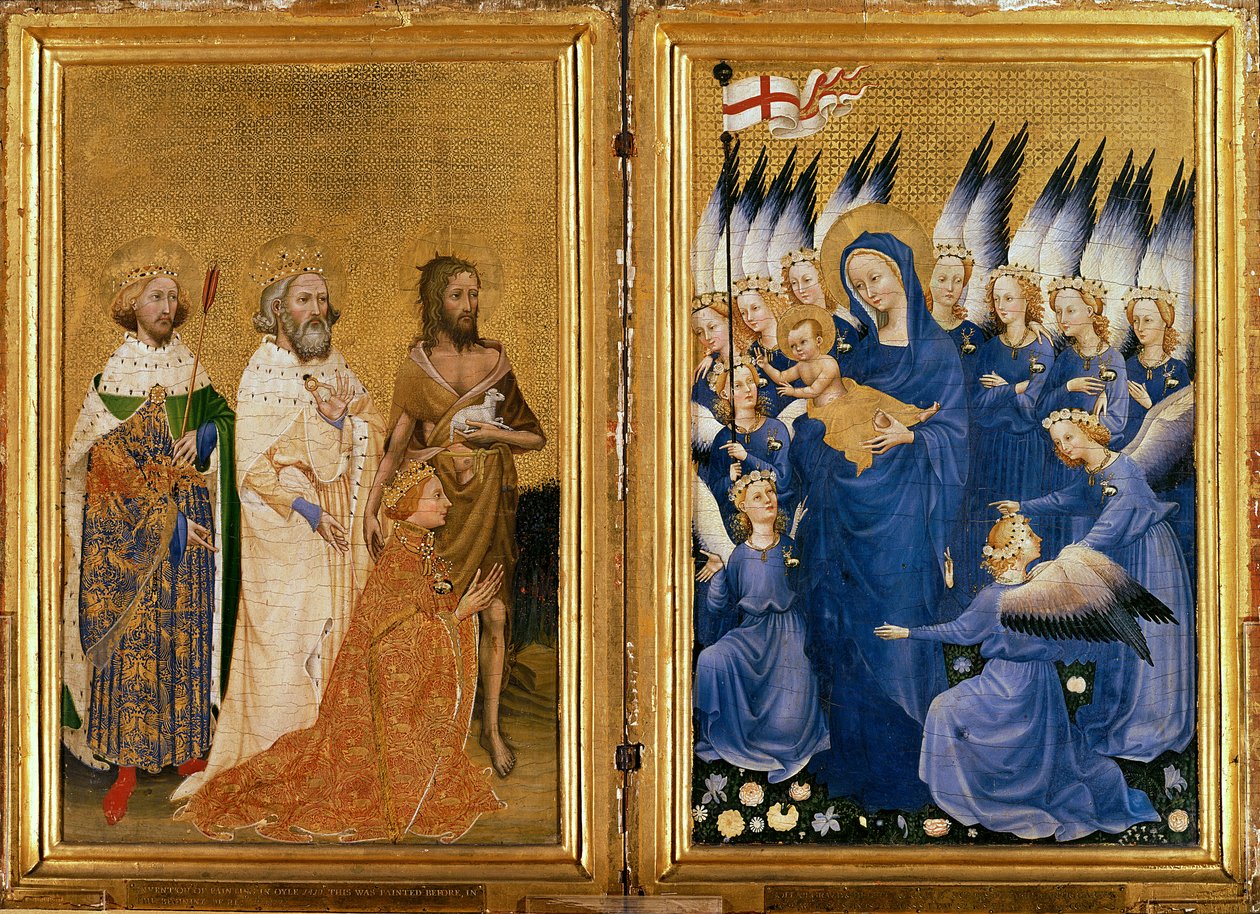 Richard II presentert for jomfruen og barnet av hans skytshelgen Johannes døperen og de hellige Edward og Edmund, ca. 1395-99 (eggtempera på eik) av Master of the Wilton Diptych