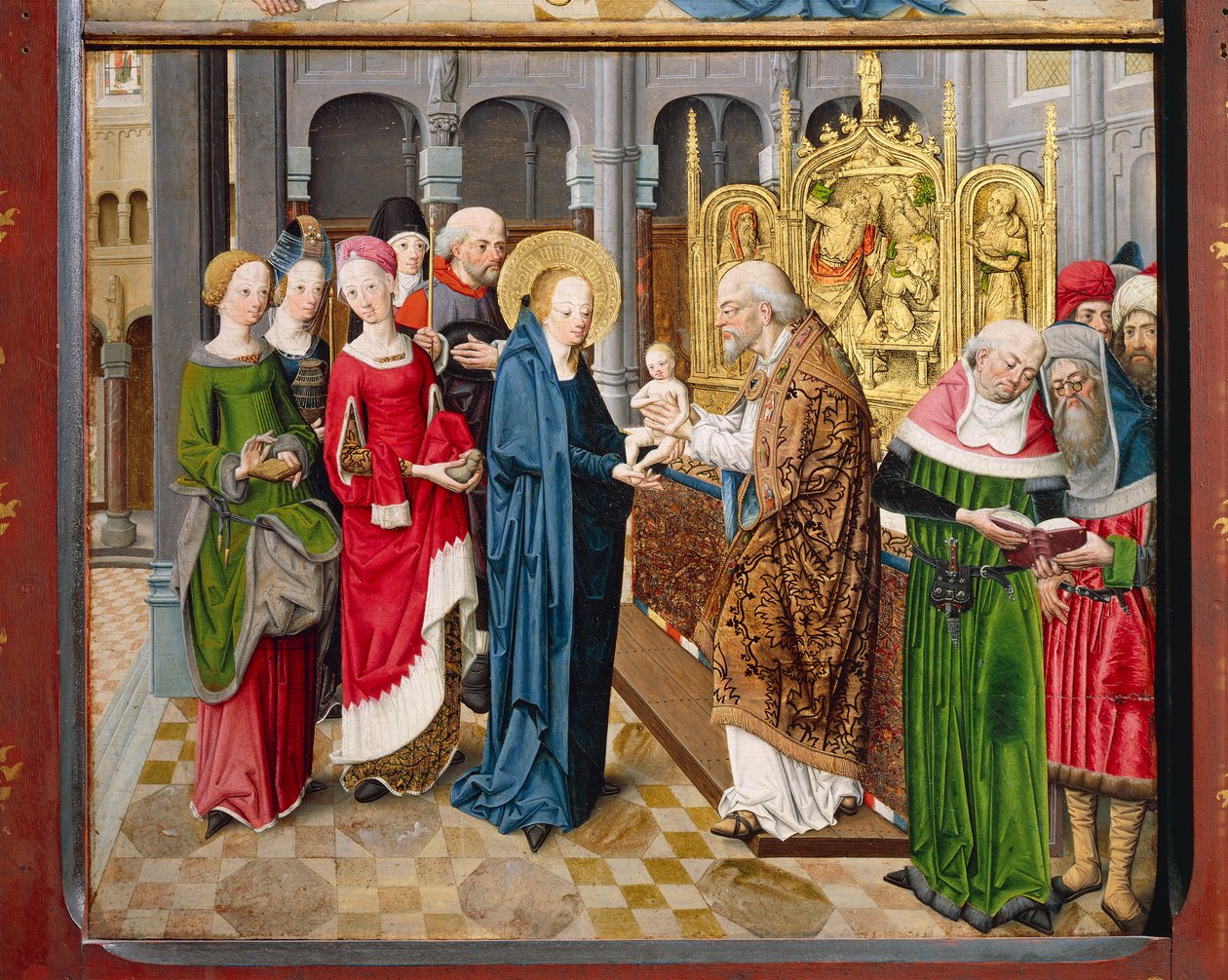 Presentasjon i tempelet, fra historiene fra Marias liv (olje på panel) av Master Aachen