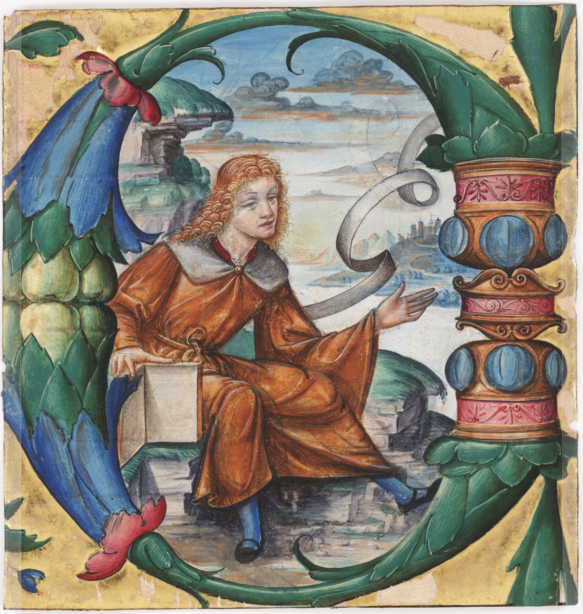 Gradvis, skjærende med en historikert initial C av St. Johannes døperen, fra et antifonarium, Milano, 1515 (tempera og blekk på pergament) (rekto av 3587462) av Master B. F. 16th century Master B. F. 16th century