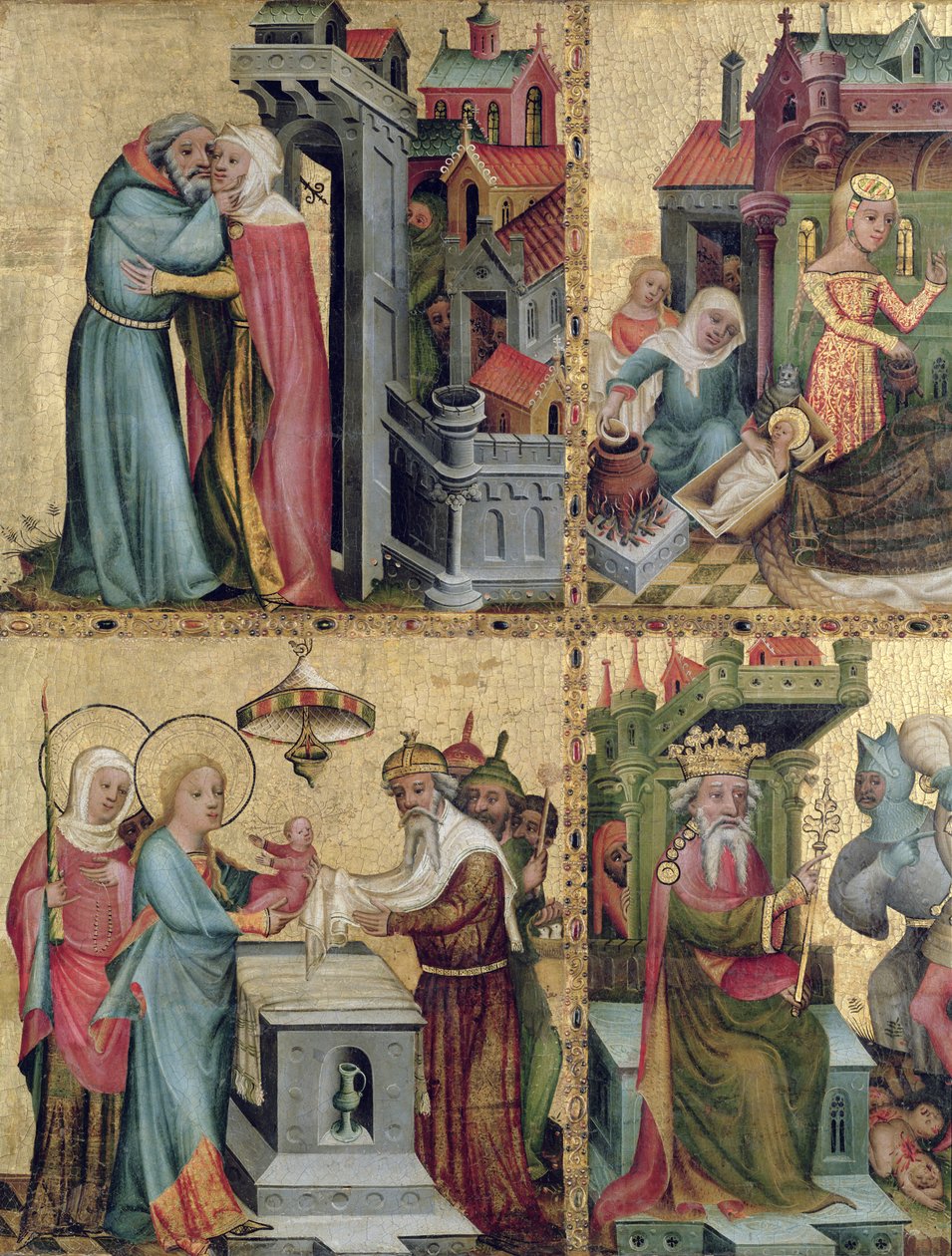 Møte ved Golden Gate og presentasjonen i tempelet, fra Buxtehude-alteret, 1400-10 (tempera på panel) av Master Bertram of Minden