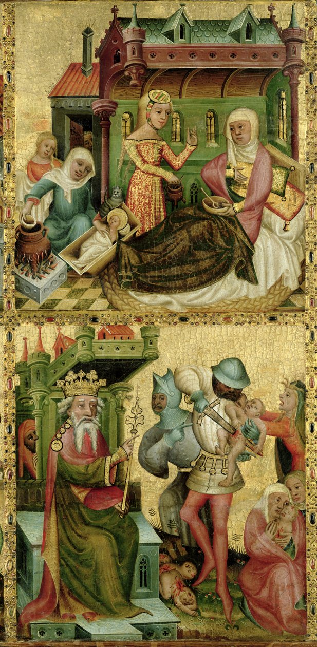 Jomfruens fødsel og massakren på de uskyldige, fra Buxtehude-alteret, 1400-10 (tempera på panel) av Master Bertram of Minden
