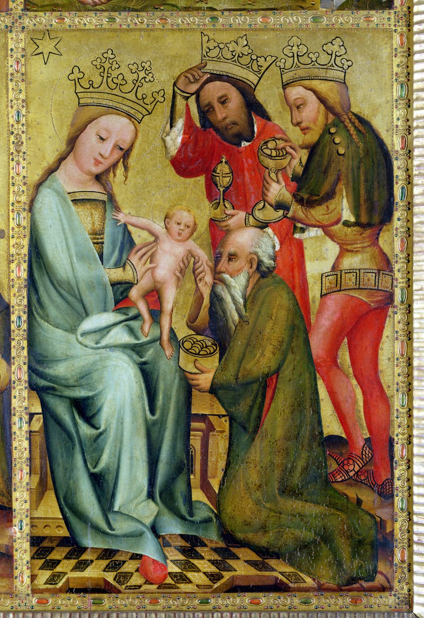 The Adoration of the Magi fra St. Peters høyalter i Hamburg, Grabower-alteret, 1383 (tempera på panel) av Master Bertram of Minden