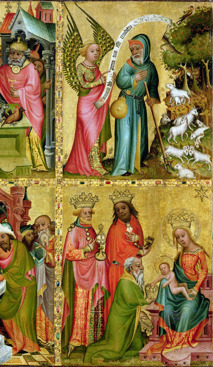 Bebudelsen til St. Joachim og tilbedelsen av vismennene, fra venstre fløy av Buxtehude-alteret, 1400-10 (tempera på panel) (detalj av 159469) av Master Bertram of Minden