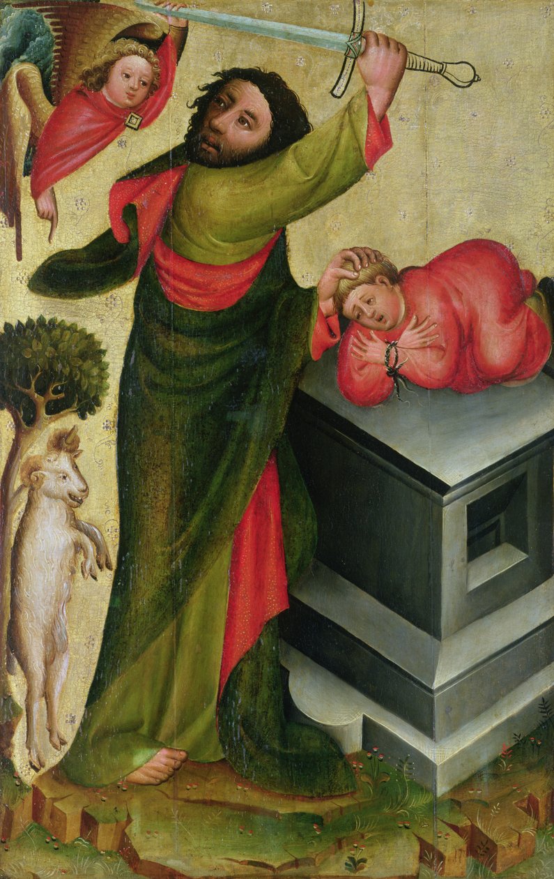 The Sacrifice of Isaac fra St. Peters høyalter i Hamburg, Grabower-alteret, 1383 (tempera på panel) av Master Bertram of Minden