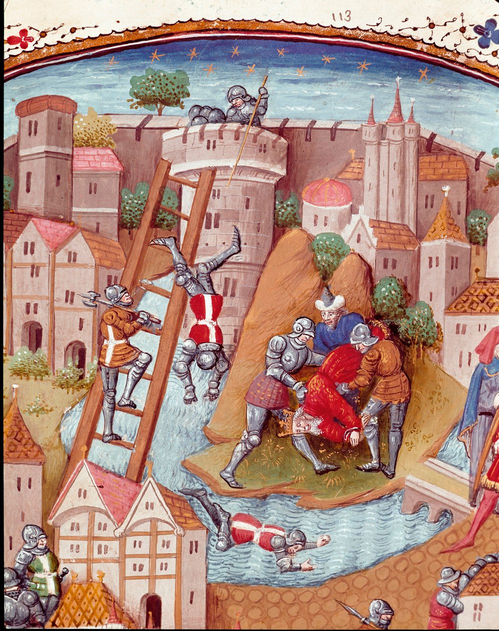 Erobring av en befestet by Detalj. Miniatyr hentet fra "" Sakene om uheldige edle menn og kvinner"" (De casibus) av Giovanni Boccaccio sa Jean Boccace (1313-1375), italiensk forfatter, oversatt av Laurent de Premierfait og opplyst av masten av Master Dunois