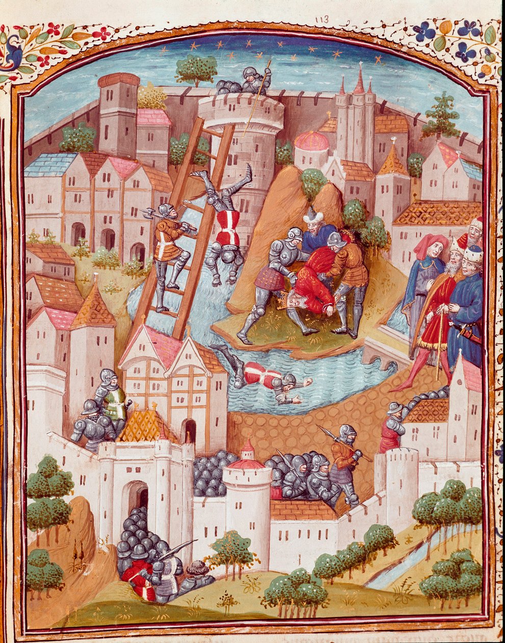 Erobring av en befestet by Miniatyr hentet fra "" Cases of noble men and women misfortunes"" (De casibus) av Giovanni Boccaccio sa Jean Boccace (1313-1375), italiensk forfatter, oversatt av Laurent de Premierfait og opplyst av mesteren av Dunois (15 av Master Dunois