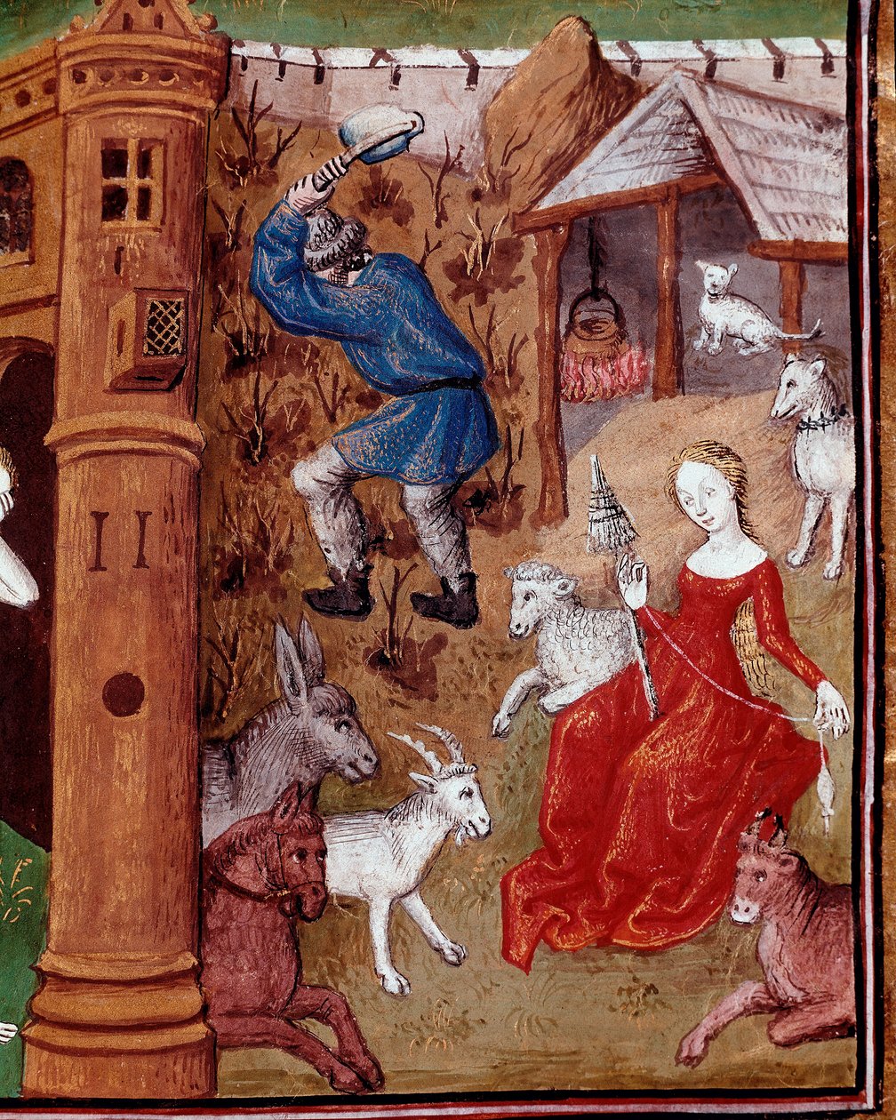 Representasjon av Adam som plukker jorden og Eva spinner ullen etter å ha blitt jaget fra det jordiske paradiset. Miniatyr hentet fra "" Des cas des nobles hommes et femmes infortunes"" (De casibus) av Giovanni Boccaccio dit Jean Boccace (1313-1375), Itali av Master Dunois