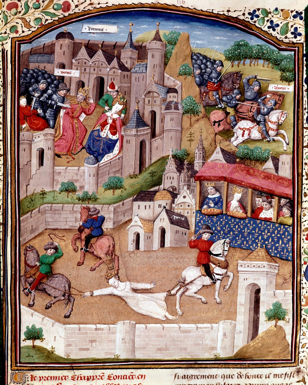 The Torment of Brunehaut Merovingerdronning Brunehilde (543-613) blir fjernet av tre hester etter ordre fra kong Clotaire (Clothaire) Boccaccio ( av Master Dunois
