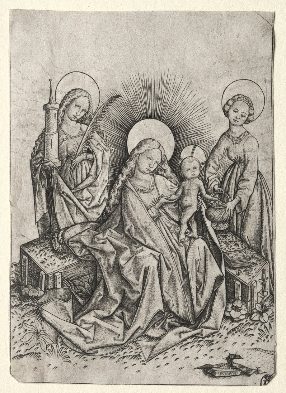 Madonna og barn i en hage mellom St. Barbara og st. Dorothy av Master ES