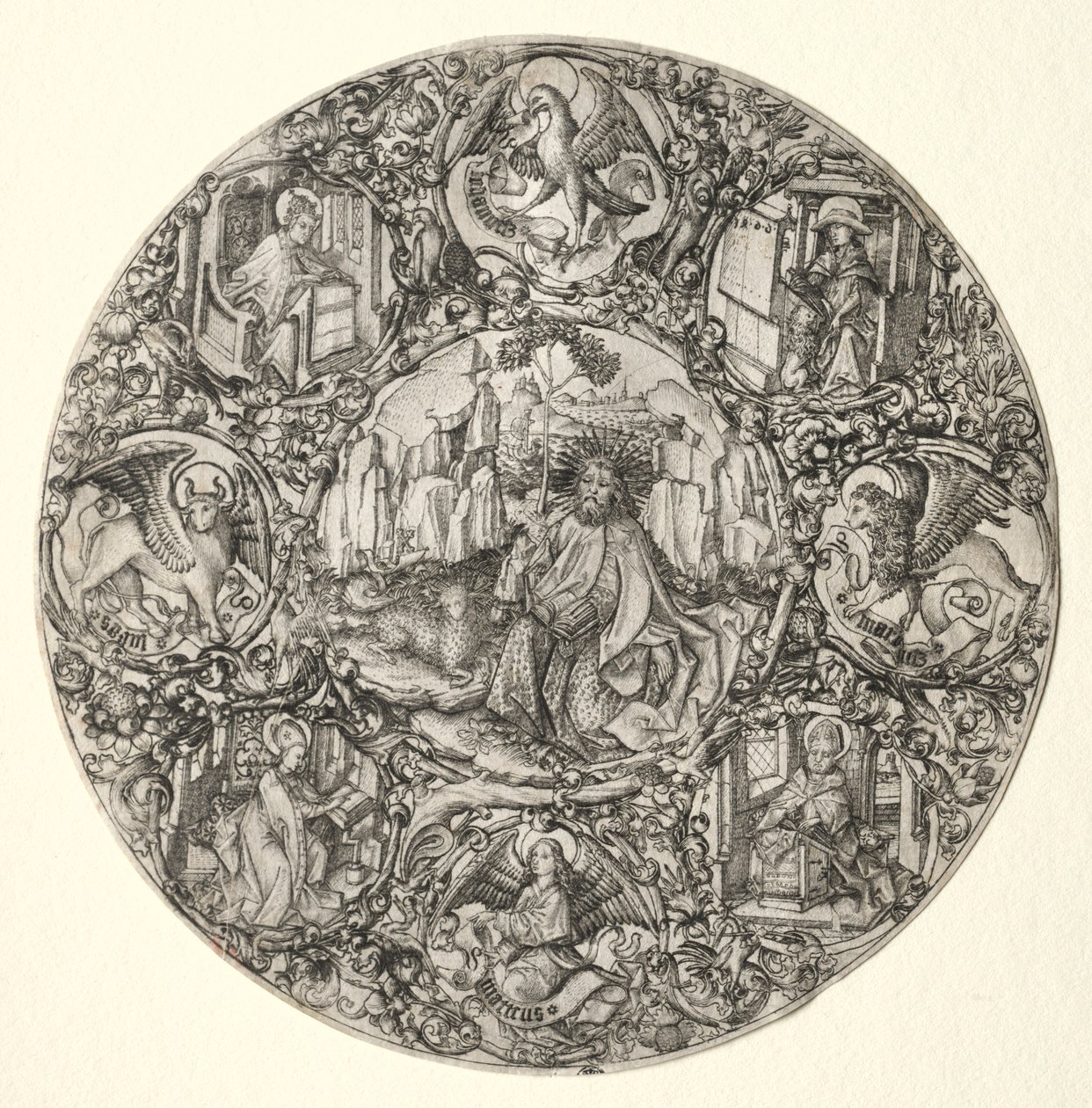 St. Johannes døperen omgitt av evangelistene og fire fedre fra den latinske kirke, 1466. av Master E. S.