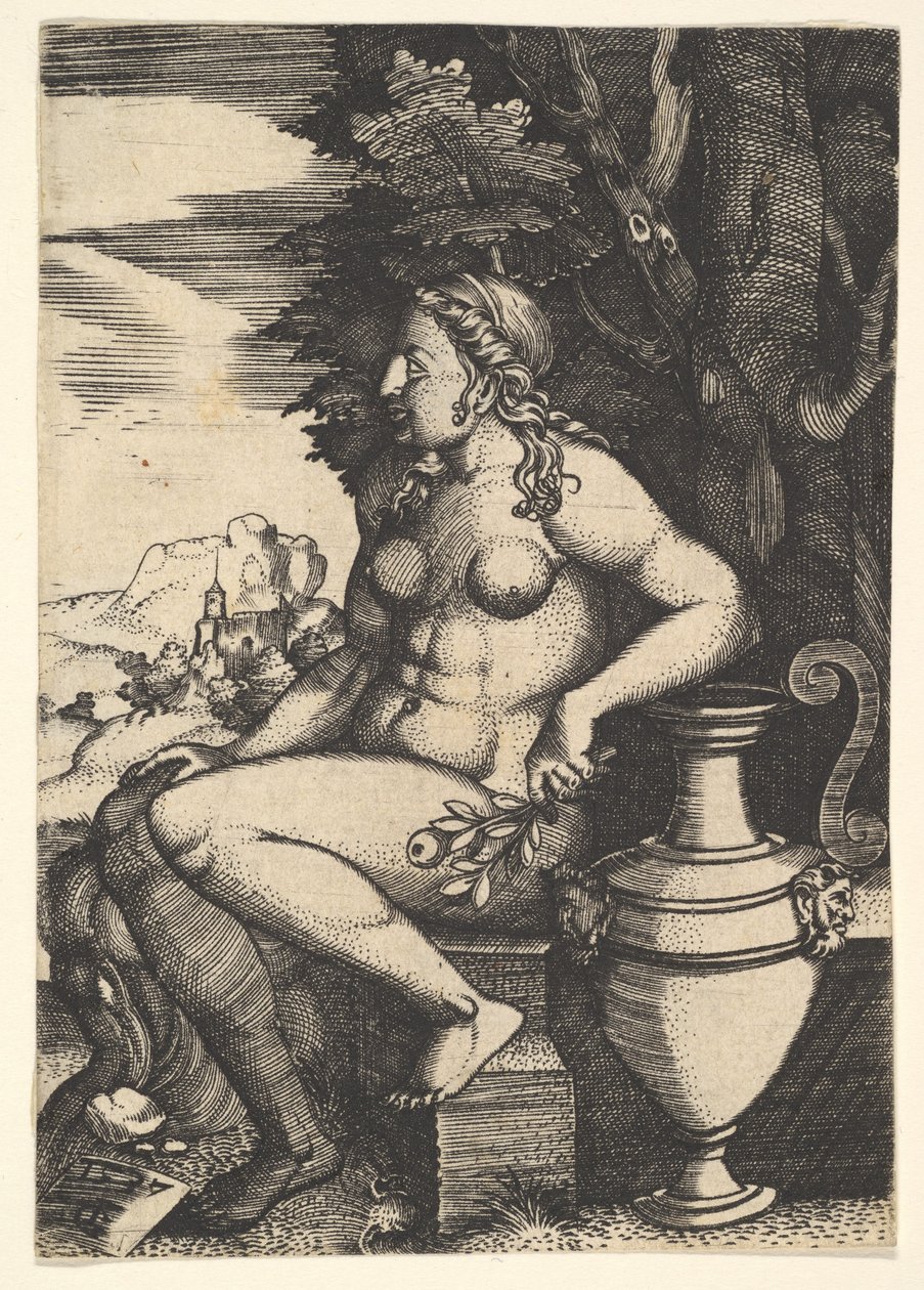 Sitter naken ved siden av en vase, 1537. av Master FG