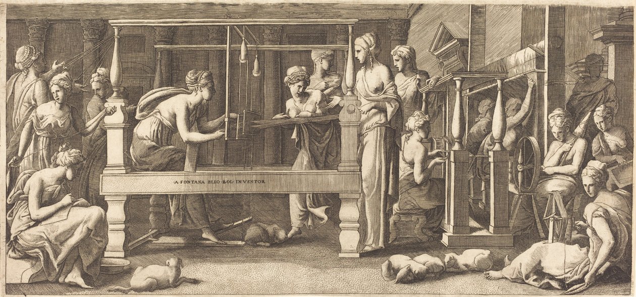 Penelope og hennes tjenestepiker vever av Master FG, after Francesco Primaticcio