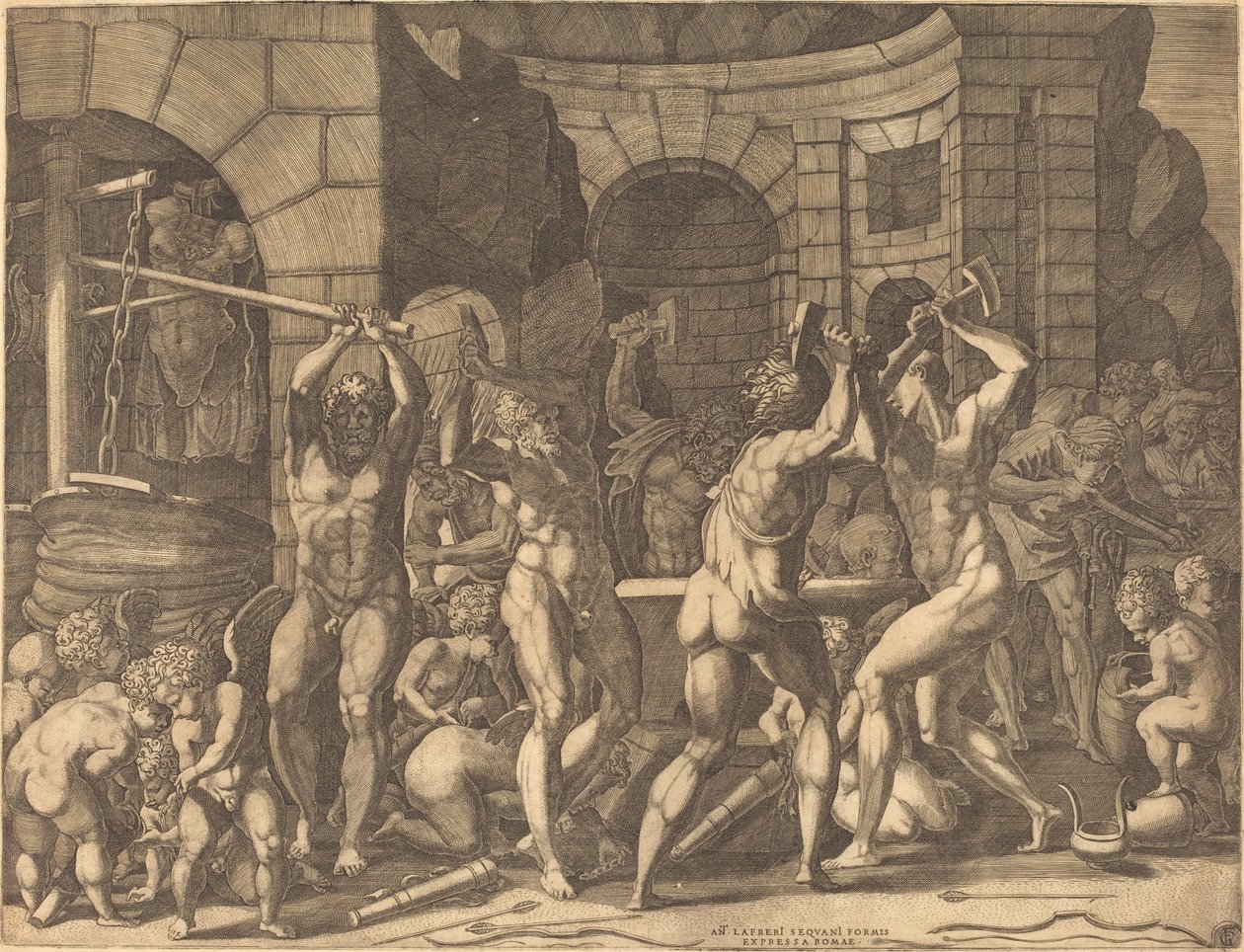Vulcan and the Cyclopes Forging Arrows av Master FG, after Francesco Primaticcio