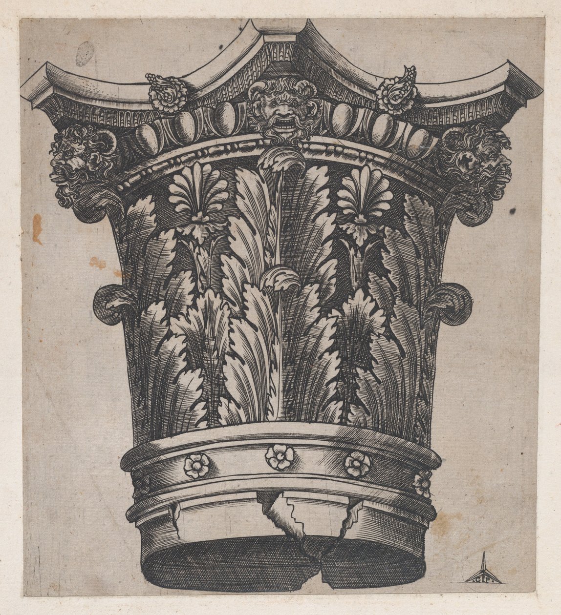 Mirror of Roman Magnificence: Kapital med hoder og masker, ca. 1537, ca. 1537 av Master GA