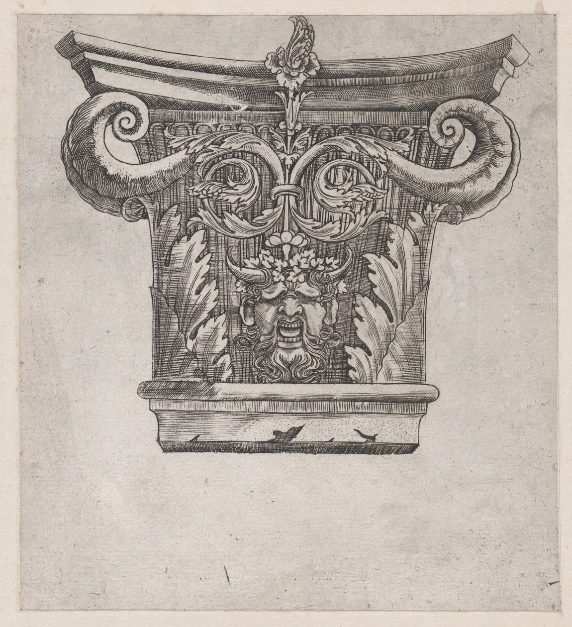 Mirror of Roman Magnificence: Kapital med peapod-ruller og satyrhode, ca. 1537, ca. 1537 av Master GA
