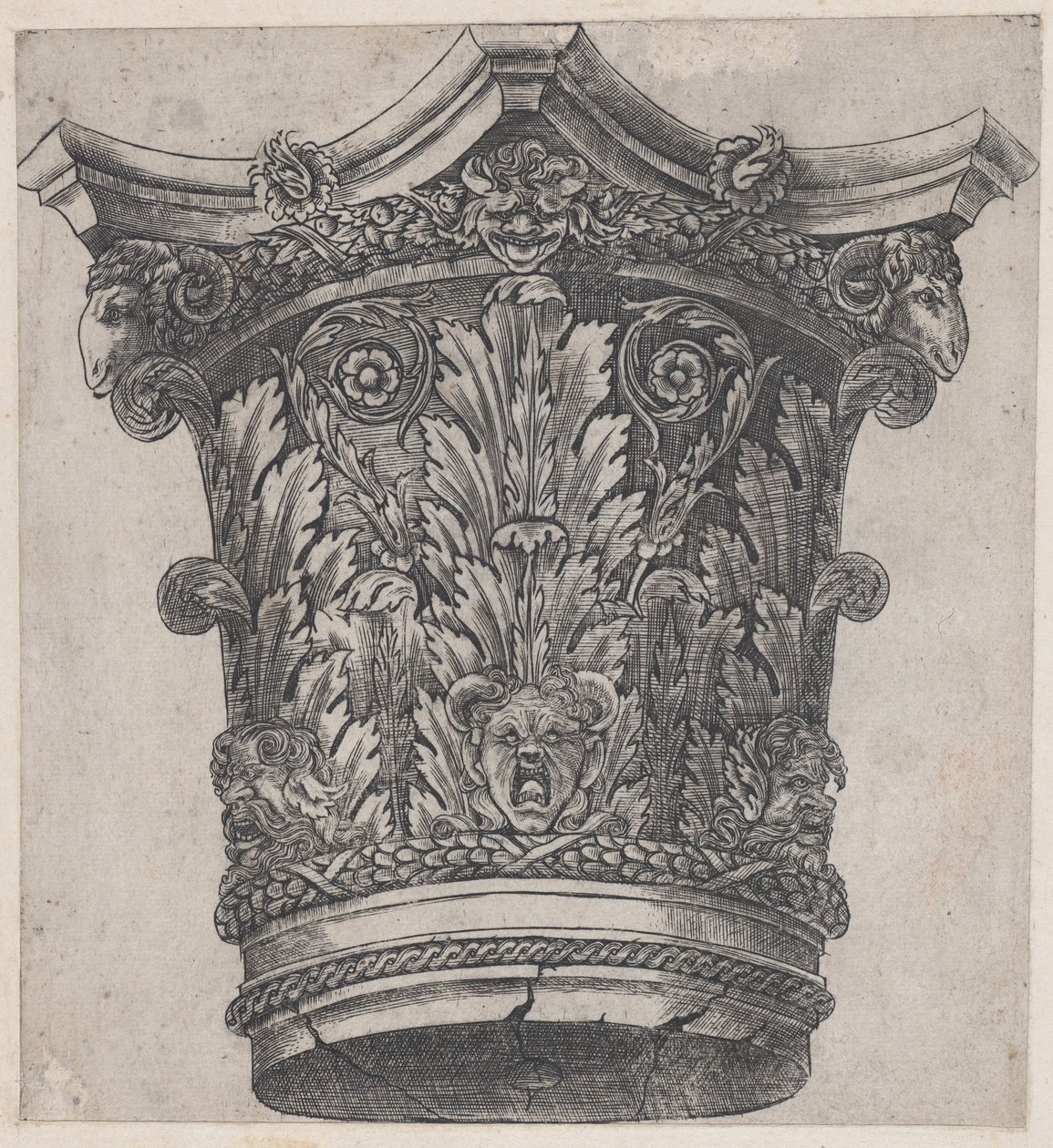 Mirror of Roman Magnificence: Kapital med ramshoder og masker, ca. 1537, ca. 1537 av Master GA