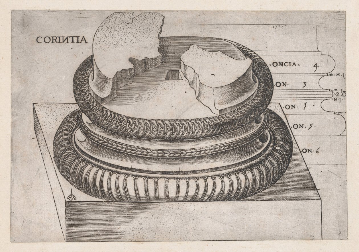Mirror of Roman Magnificence: Corinthian base fra Temple of Mars the Avengers, Roma, ..., ca. 1537 av Master GA