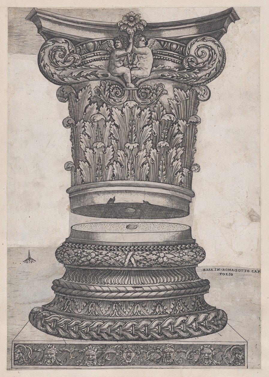 Speil av romersk storhet: Dekorert hovedstad og base, ca. 1537, ca. 1537 av Master GA