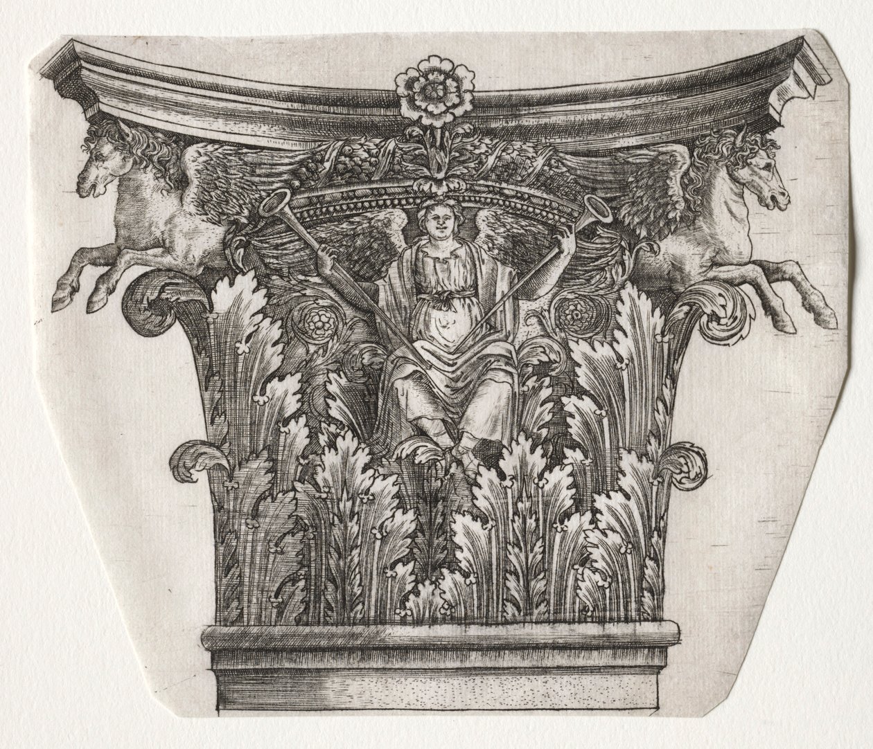 Base og kapital med Fame of Fame og Winged Horses kapital, ca. 1525-1550. av Master G. A. with the man