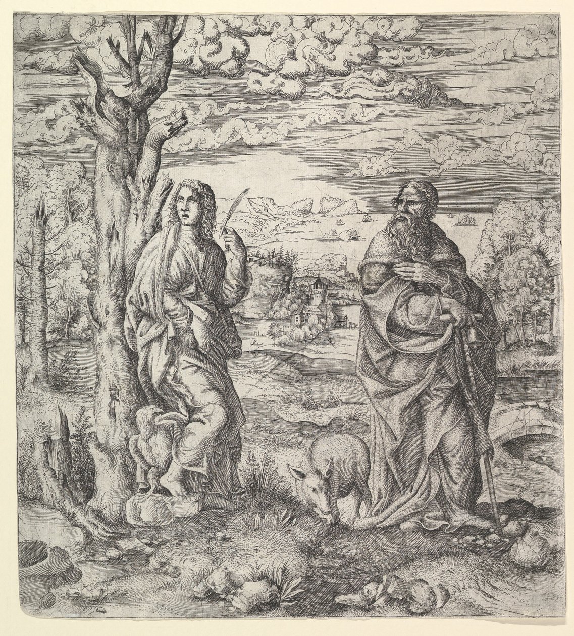 Saint John og Anthony i et landskap, ca. 1544-45. av Master IQV