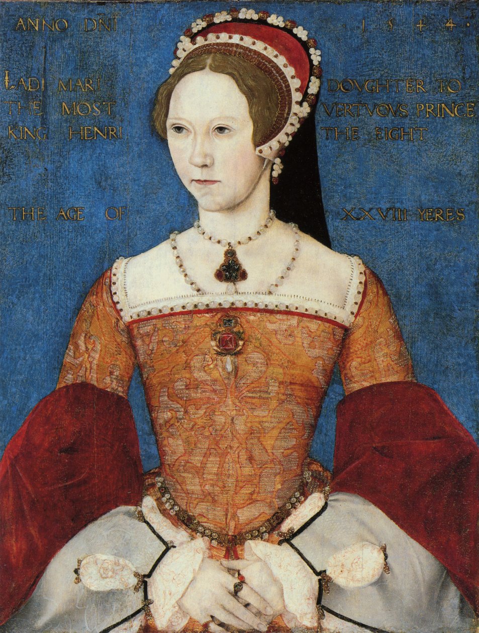 Portrett av Mary I eller Mary Tudor (1516-58), datter av Henry VIII, i en alder av 28, 1544 (panel) av Master John