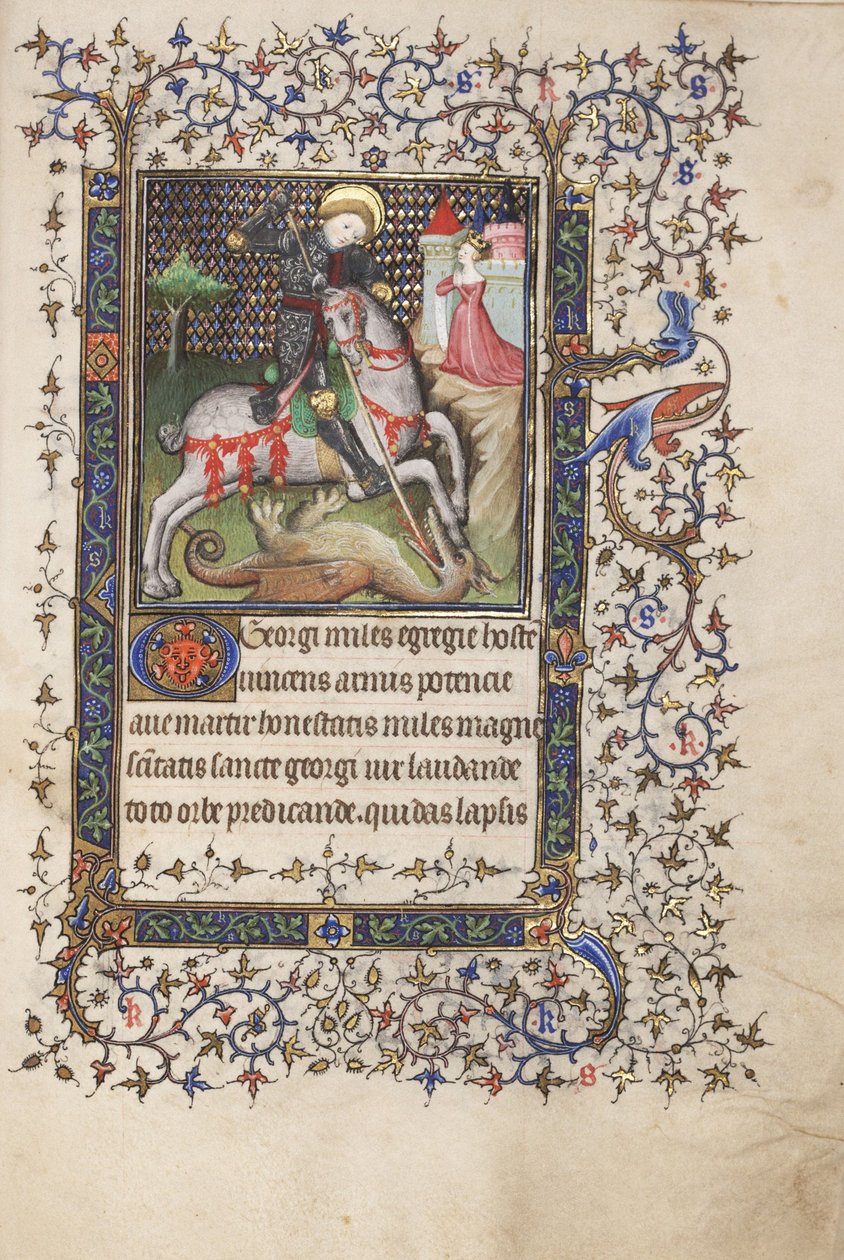 MS Widener 4 f.188r, St. George Fighting the Dragon, fra en timebok, bruk av Rennes, ca. 1405 (penn og blekk og tempera på vellum) av Master Lucon