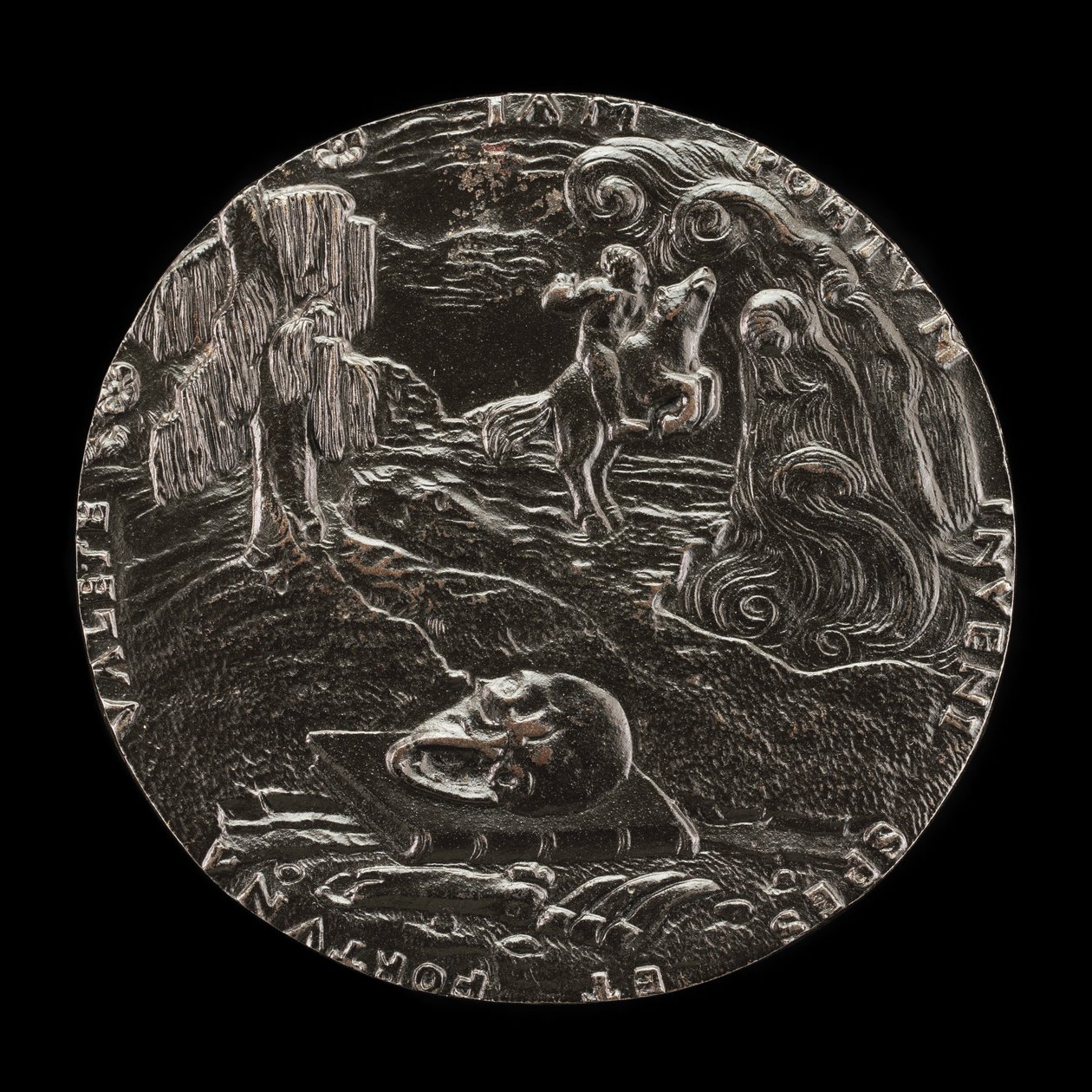 Bok, hodeskalle, bein og rytter i landskap [revers], 1526. av Master M.P.