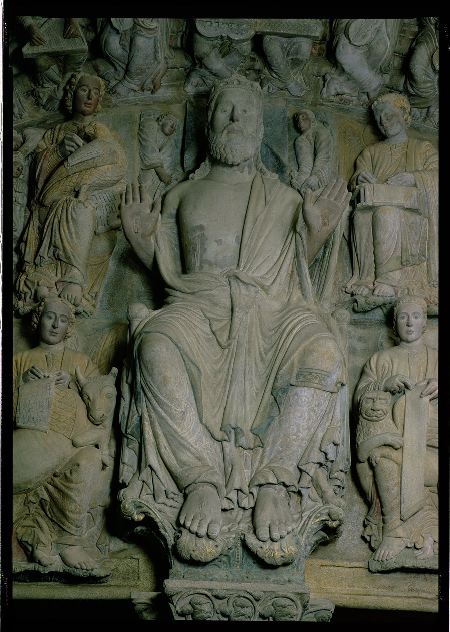 Detalj av Portico de la Gloria som viser Kristus i majestetstein av Master Mateo