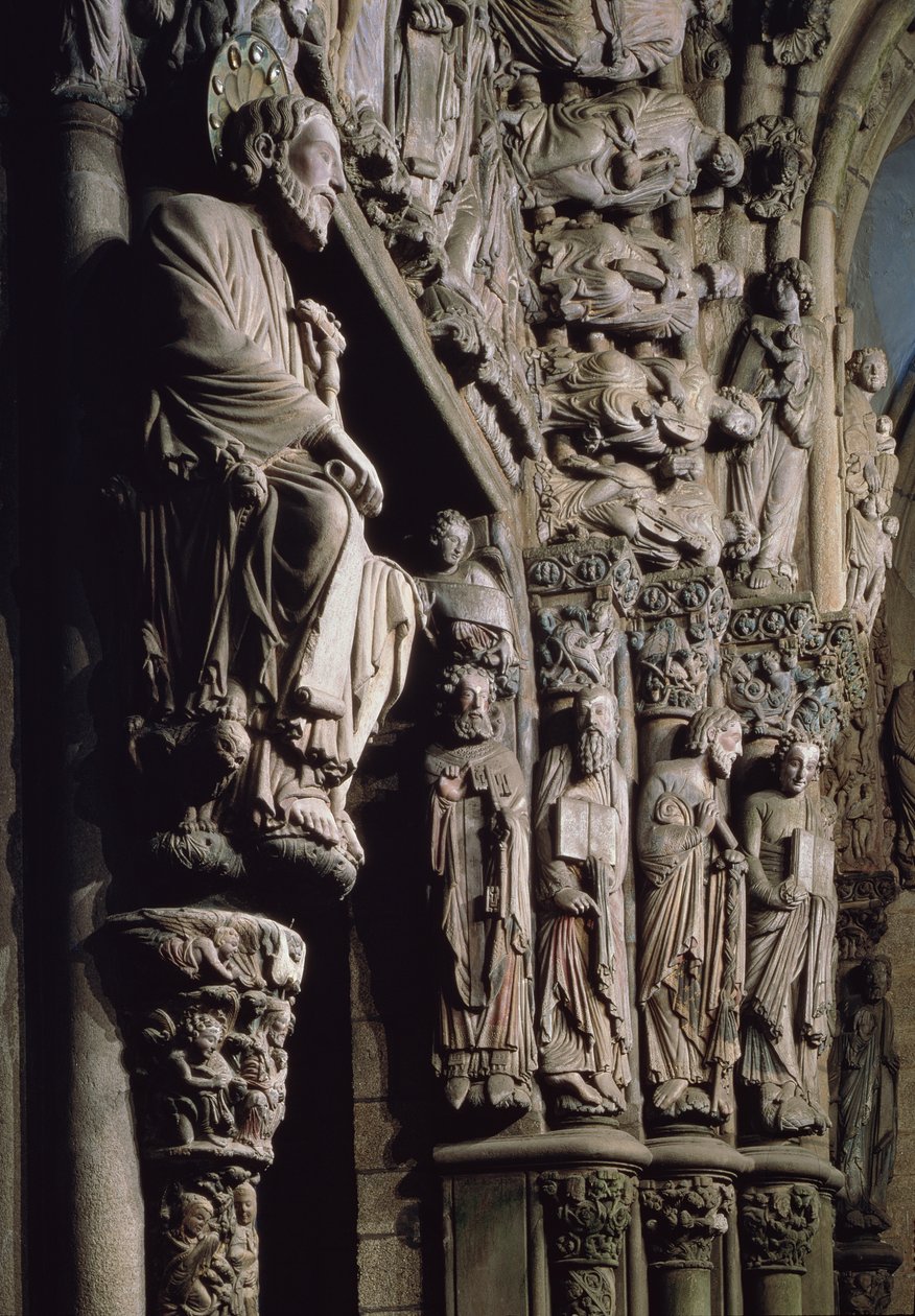 Detalj av Portico de la Gloria som viser St James, stein fra 1100-tallet av Master Mateo