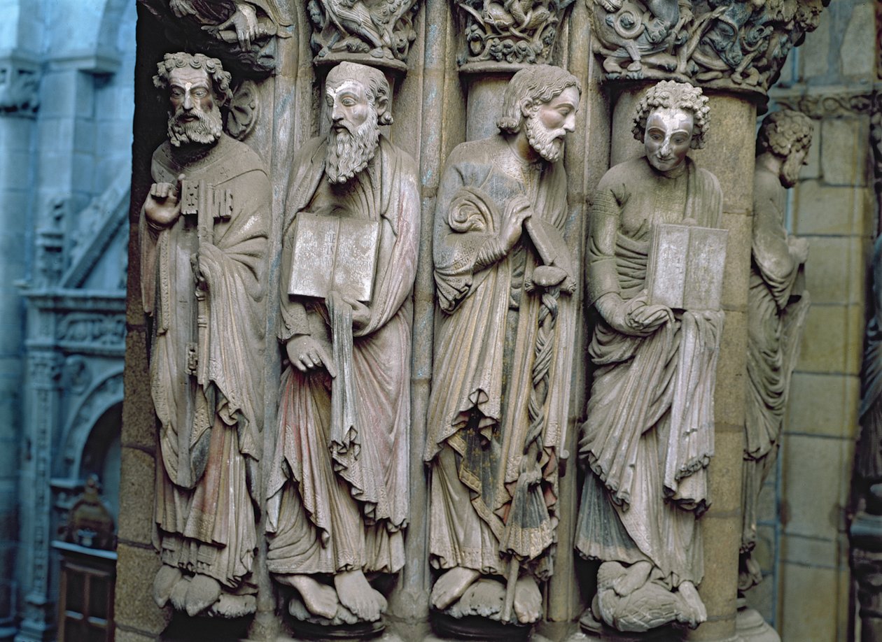 Detalj av Portico de la Gloria som viser apostlenes stein av Master Mateo