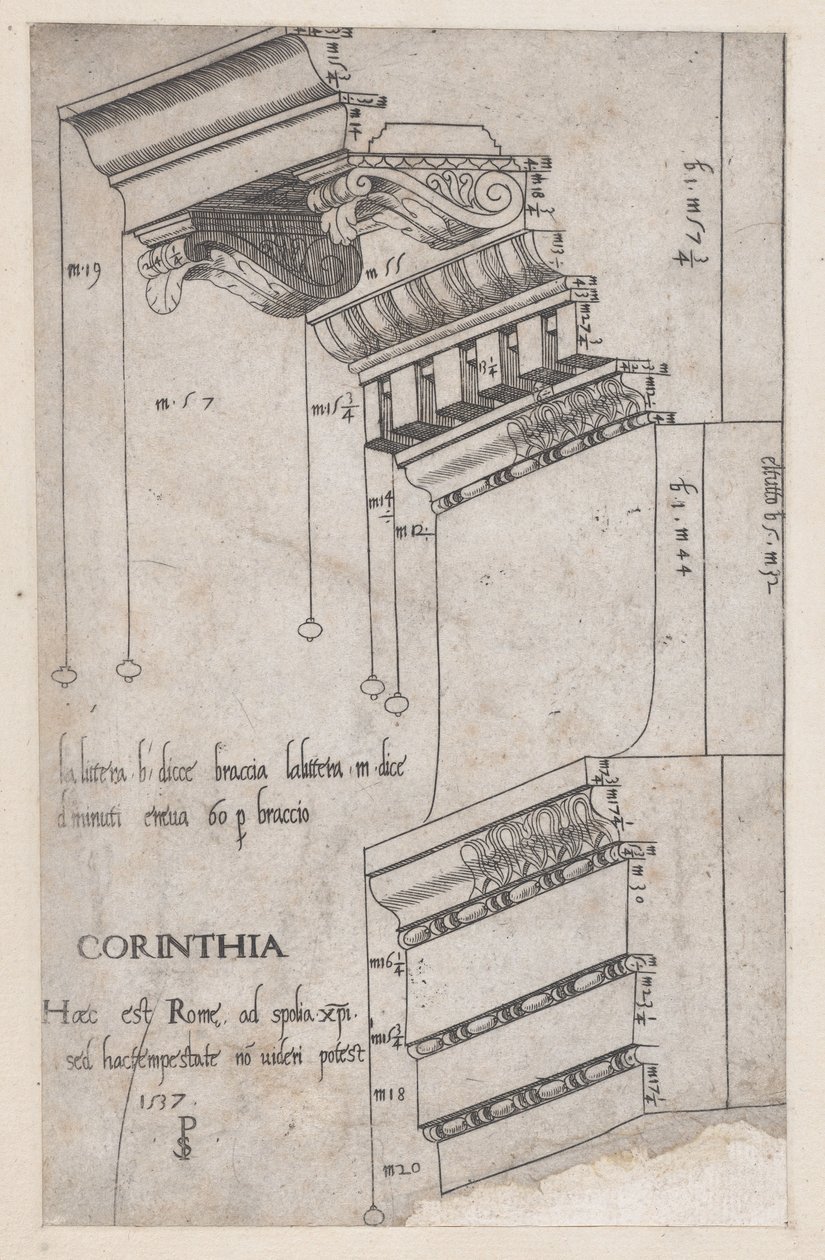 Mirror of Roman Magnificence: Entablatur fra Forum of Trajan, Roma, 1537., 1537. av Master PS