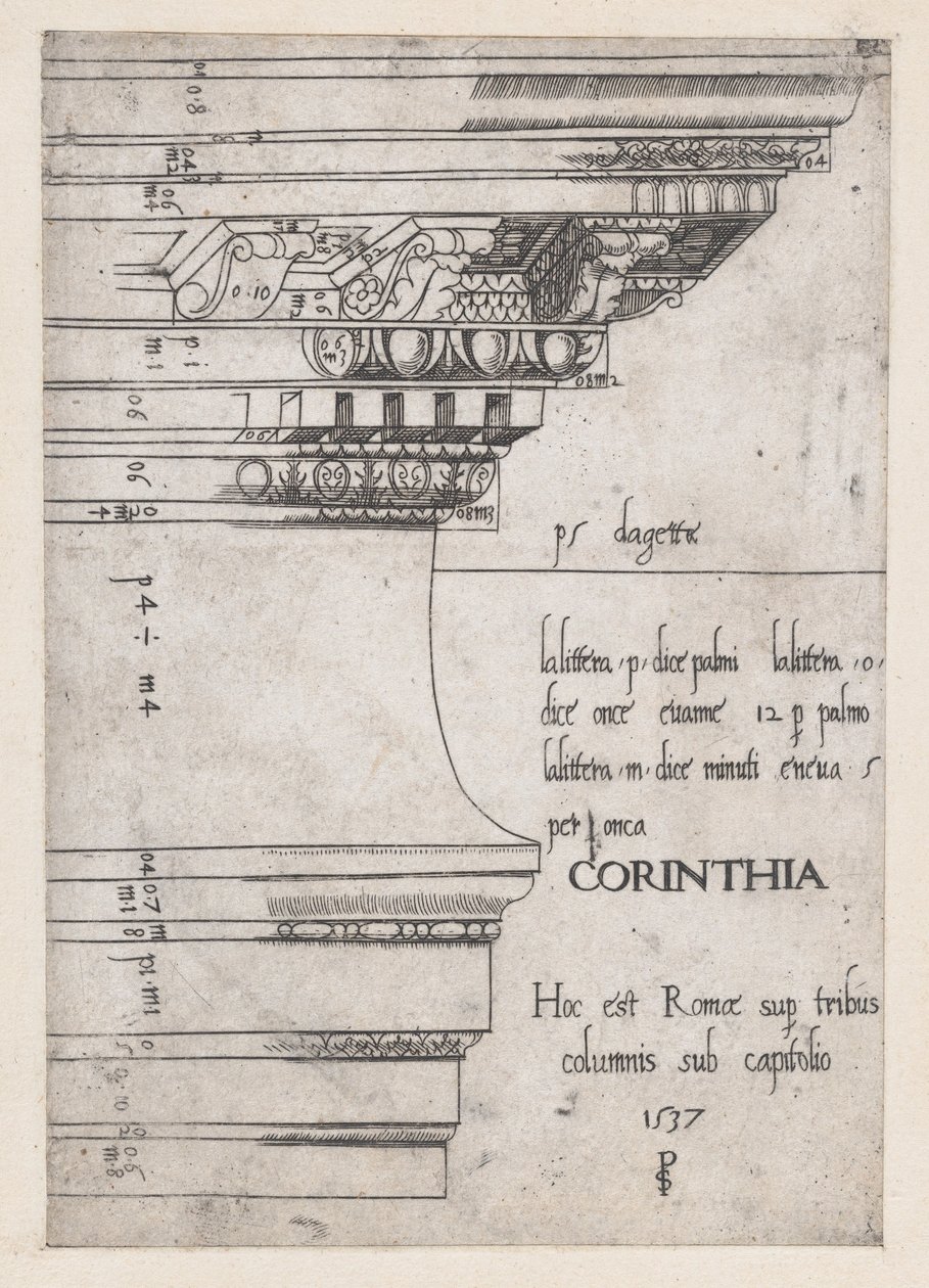 Mirror of Roman Magnificence: Entablature fra Temple of Castor and Pollux, Roma, 1537., 1537 av Master PS