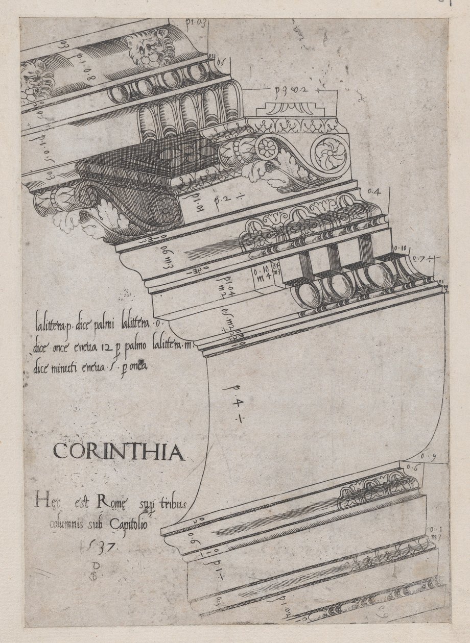 Mirror of Roman Magnificence: Entablatur fra Vespasian-tempelet, Roma, 1537., 1537. av Master PS