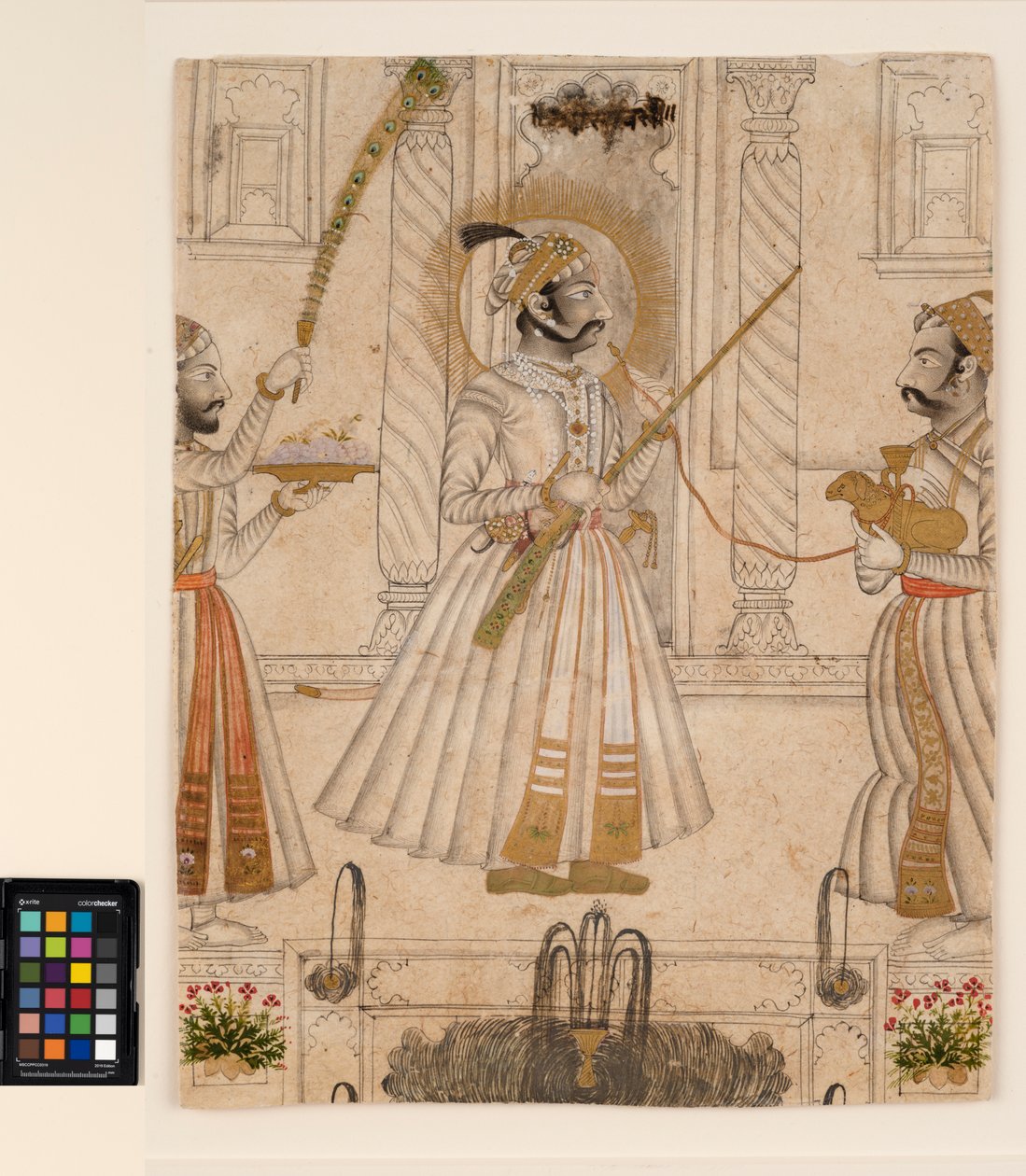 Maharana Amar Singh II røyker en saueformet vannpipe, ca. 1705 (ugjennomsiktig akvarell og gull på papir) av Master Stipple