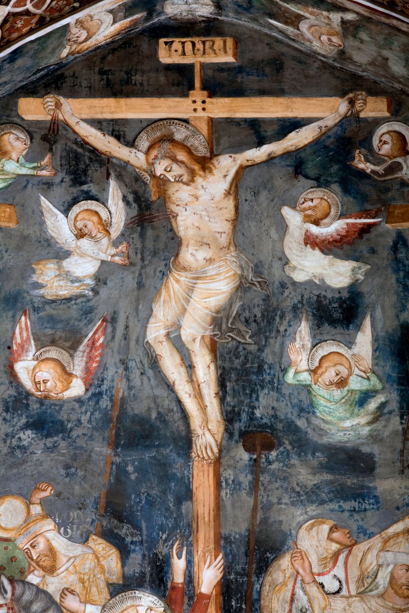 Korsfestelsesdetaljen som representerer Kristus med inskripsjonen INRI av Master Trecentesco of Sacro Speco School