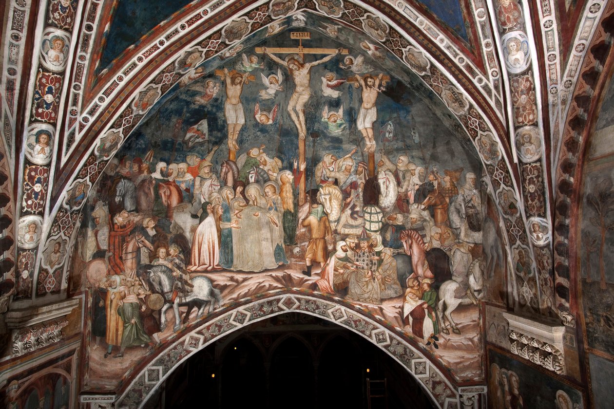 The Crucifixion Fresco of the Master of the Sacro Speco. 1300-tallet. Superior kirke. Klosteret Saint Benedetto (Sacro Speco), Subiaco (Roma), Italia av Master Trecentesco of Sacro Speco School