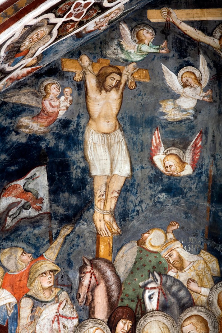 Den angrende tyven, korsfester med Jesus, hans sjel blir omfavnet av en engel Representasjon av den gode tyven, også kalt Saint Dismas av Master Trecentesco of Sacro Speco School