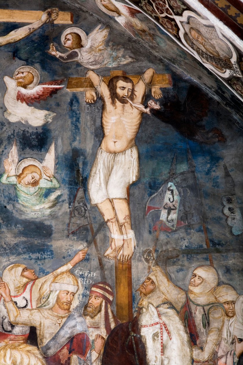 Den ikke omvendte tyven, korsfester med Jesus, hans sjel blir revet fra munnen hans av en demon Representasjon av den onde tyven kaller Gesmas eller Gestas. Fresco av mesteren av Sacro Speco. 1300-tallet. Superior kirke. Klosteret Saint Benedetto (Sacro Sp av Master Trecentesco of Sacro Speco School