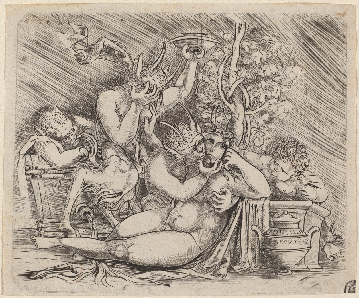 Bacchanalsk scene med Satyrer og en Maenad av Master of 1515