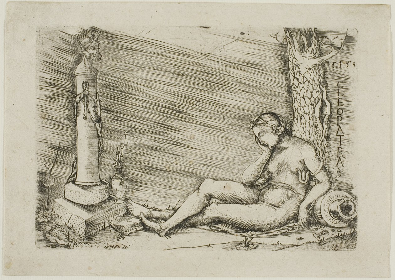 Cleopatra ligger ved foten av et tre, med en term av Master of 1515