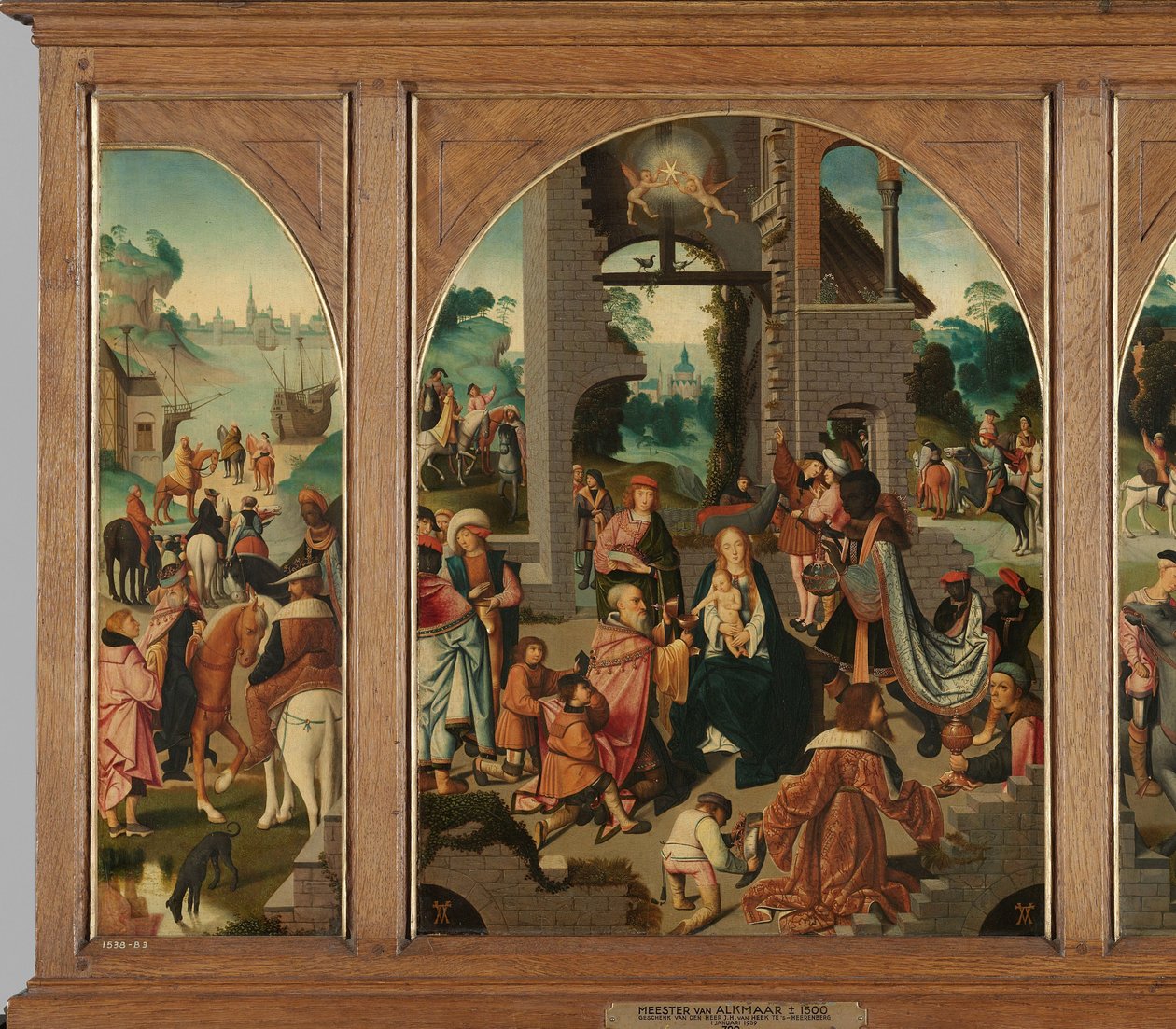 Triptych med Adoration of the Magi (senter og indre vinger), Saint Antony Abbot (venstre, ytre fløy) og Saint Adrian (høyre, ytre fløy) av Master of Alkmaar (attributed to)