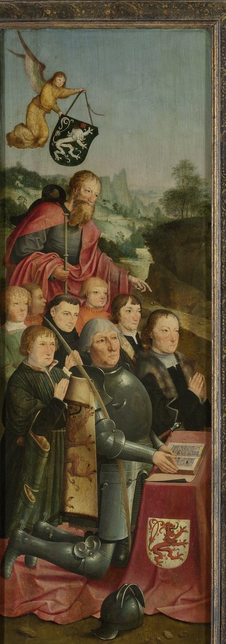 Minnepanel med åtte mannlige portretter, sannsynligvis Willem Jelysz van Soutelande og familie, med Saint James the Greater og Van Soutelande Family Crest, indre venstre fløy av en altertavle av Master of Alkmaar