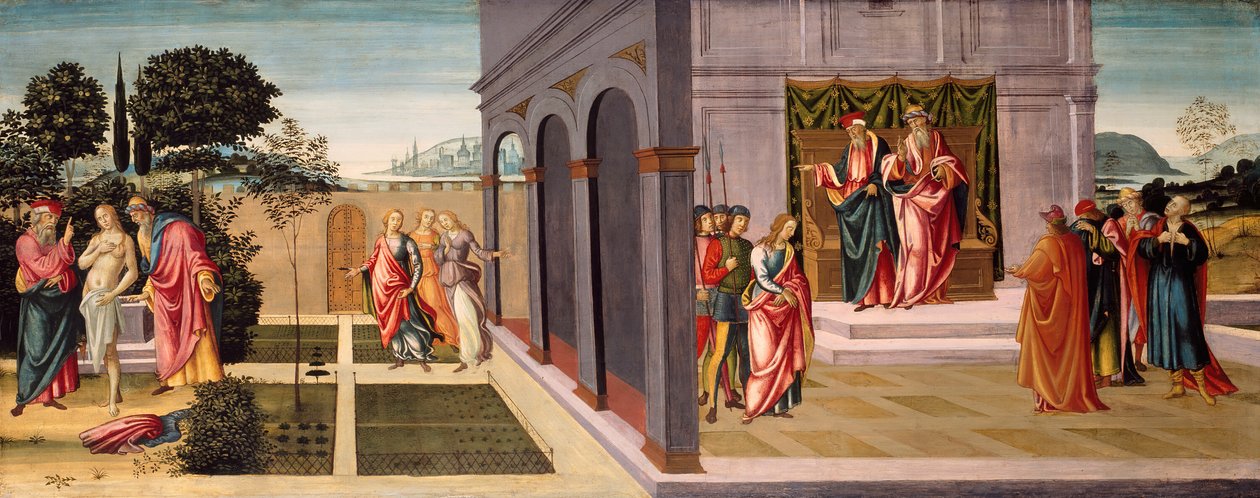 Susanna og de eldste i hagen, og rettssaken mot Susanna foran de eldste, ca. 1500. av Master of Apollo and Daphne