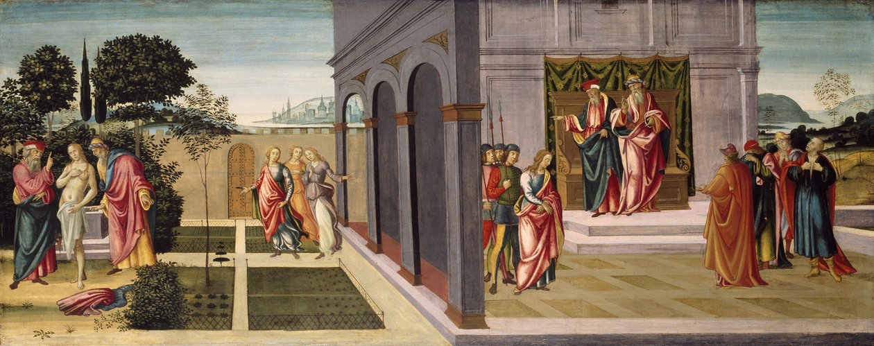 Susanna og de eldste i hagen, og rettssaken mot Susanna foran de eldste, ca. 1500 av Master of Apollo and Daphne