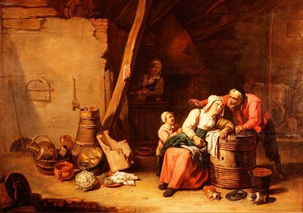 En låve med en bonde som vekker en gammel dame av Master of Beguins