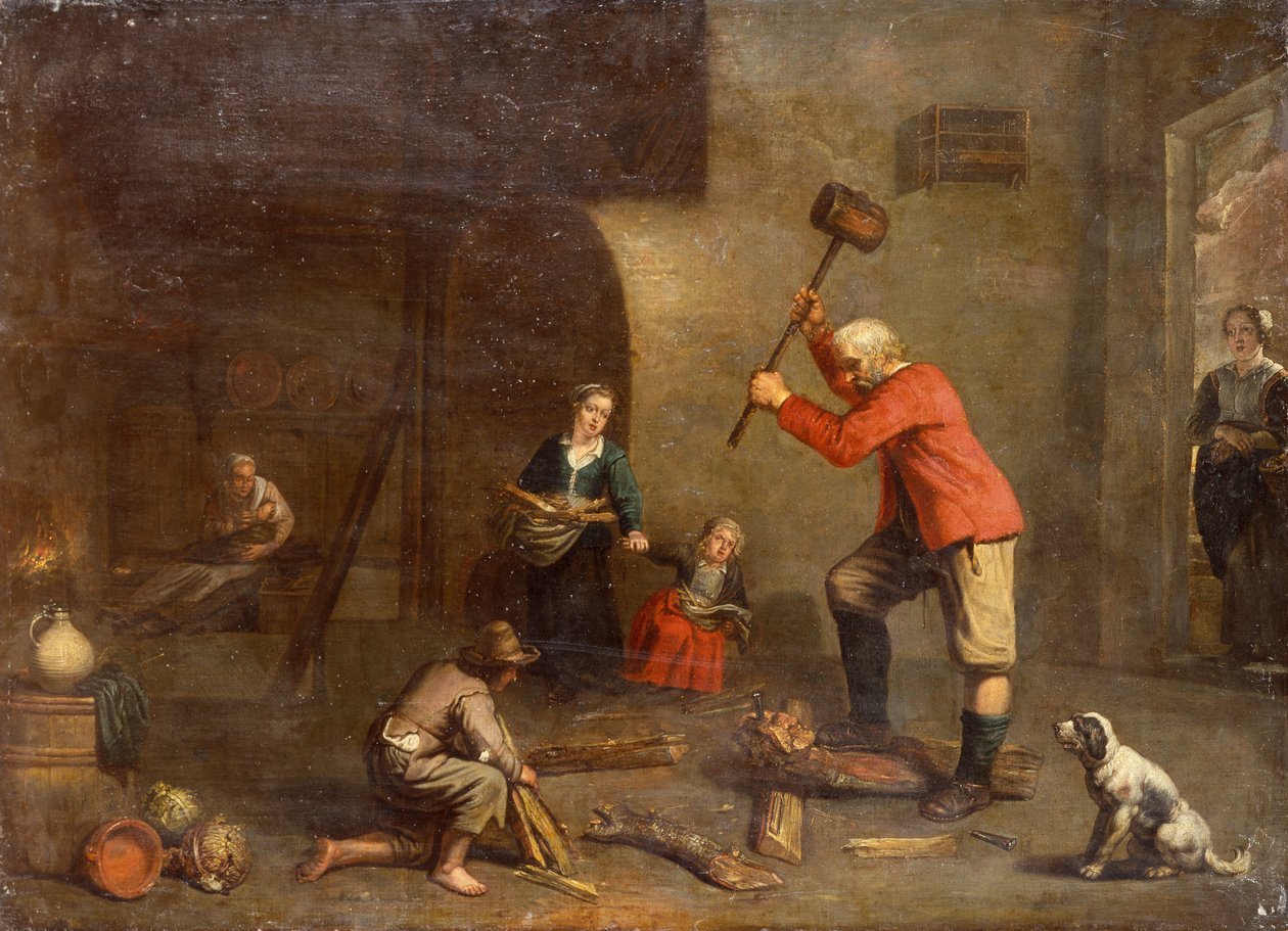 Et kjøkken med en gammel mann som skjærer tre (olje på lerret) av Master of Beguins