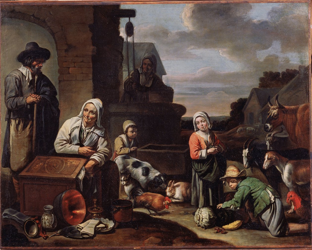 Bønder ved en brønn. Maleri av mesteren av Beguines (midten av 1600-tallet). Olje på lerret, 94 x 119 cm, andre halvdel av 1600-tallet. Fransk kunst, barokkkunst. Pushkin Museum of Fine Arts, Moskva. ©FineArtImage/Leemage av Master of Beguins