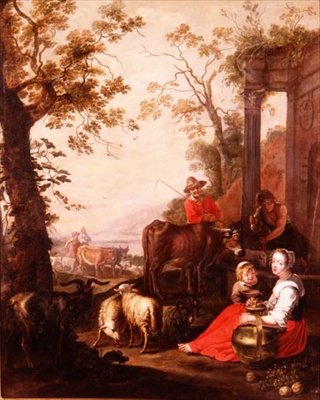 Bønder og storfe av en klassisk stiftelse av Master of Beguins