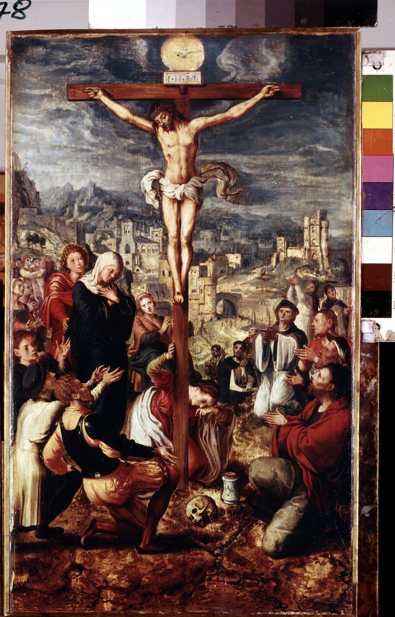 Golgata (Golgata). Bønn rundt den korsfestede Kristus med byen Jerusalem i bakgrunnen. Inskripsjon ""I.N.R.I."" (INRI) på korset og over Den Hellige Ånds due. Blant karakterene representert rundt Jesus Kristus: Jomfru Maria, helgen av Master of Brunswick