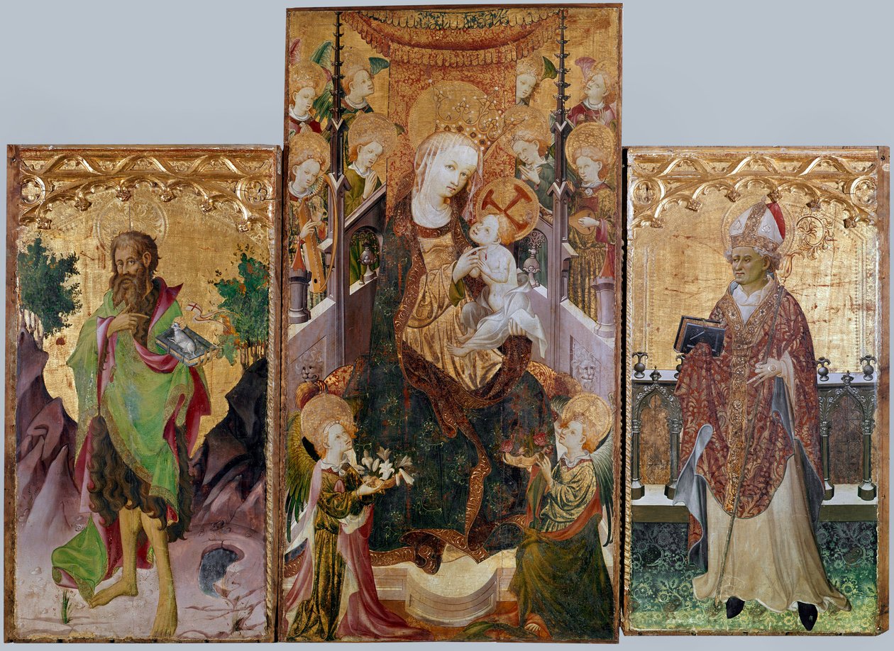 Jomfru med barn, døperen Johannes og den hellige Ambrosius - Altertavle med tre panel, rundt 1430 av Master of Burgo de Osma